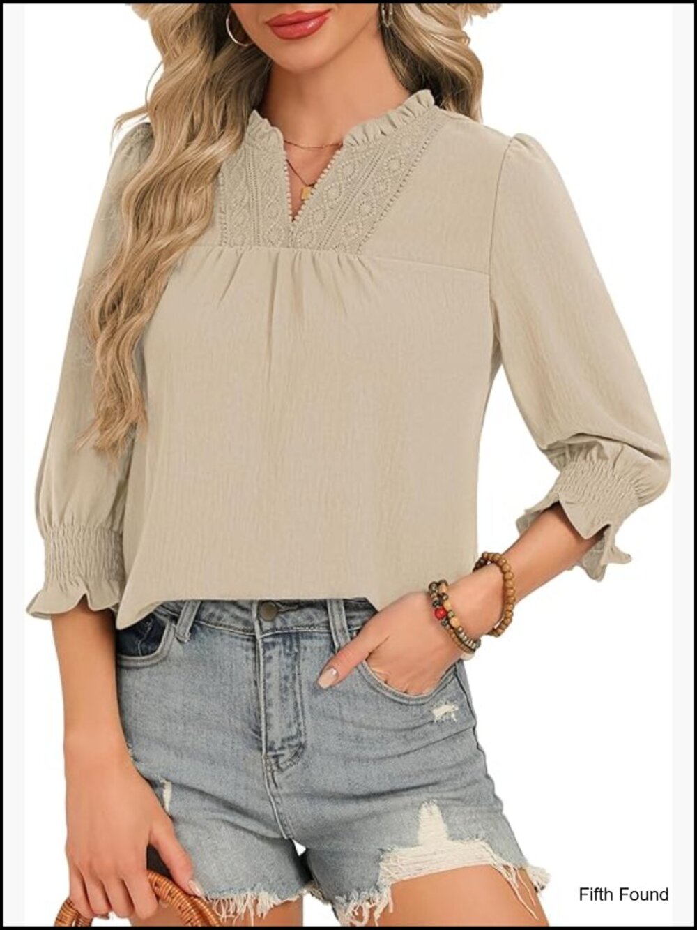 Dressy Casual 3/4 Sleeve Blouse with Ruffle V-Neck and Lace Details